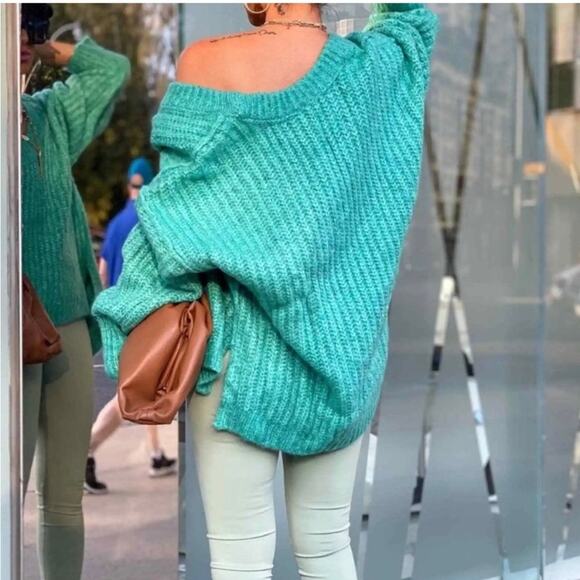 Free People Blue Bell Electric Teal Green Oversized Fuzzy Knit Sweater - Picture 4 of 11